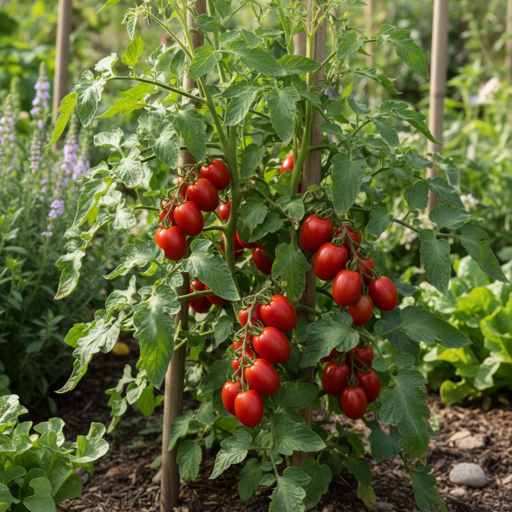 Principe Borghese tomato plant with clusters of small red tomatoes