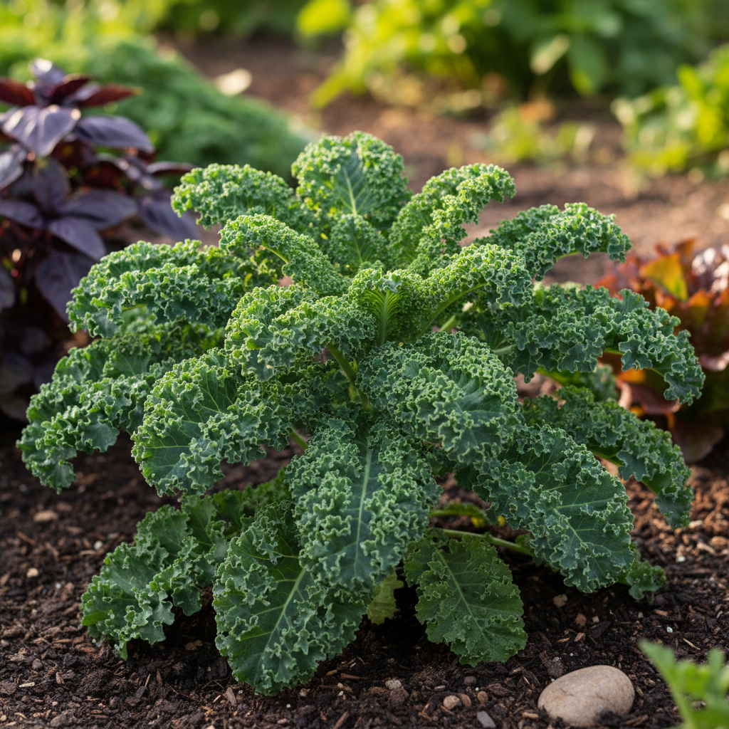 Dwarf Green Curled kale plant with dense tightly ruffled dark green curly leaves