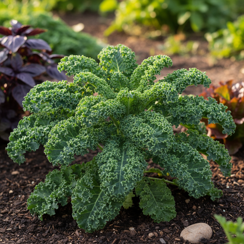 Dwarf Green Curled kale plant with dense tightly ruffled dark green curly leaves