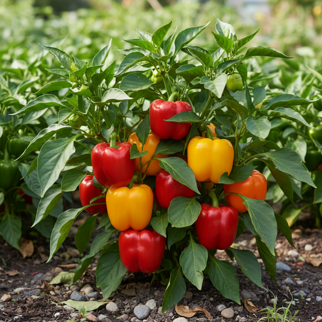 Sweet pepper plant with large glossy red, yellow, and orange bell peppers