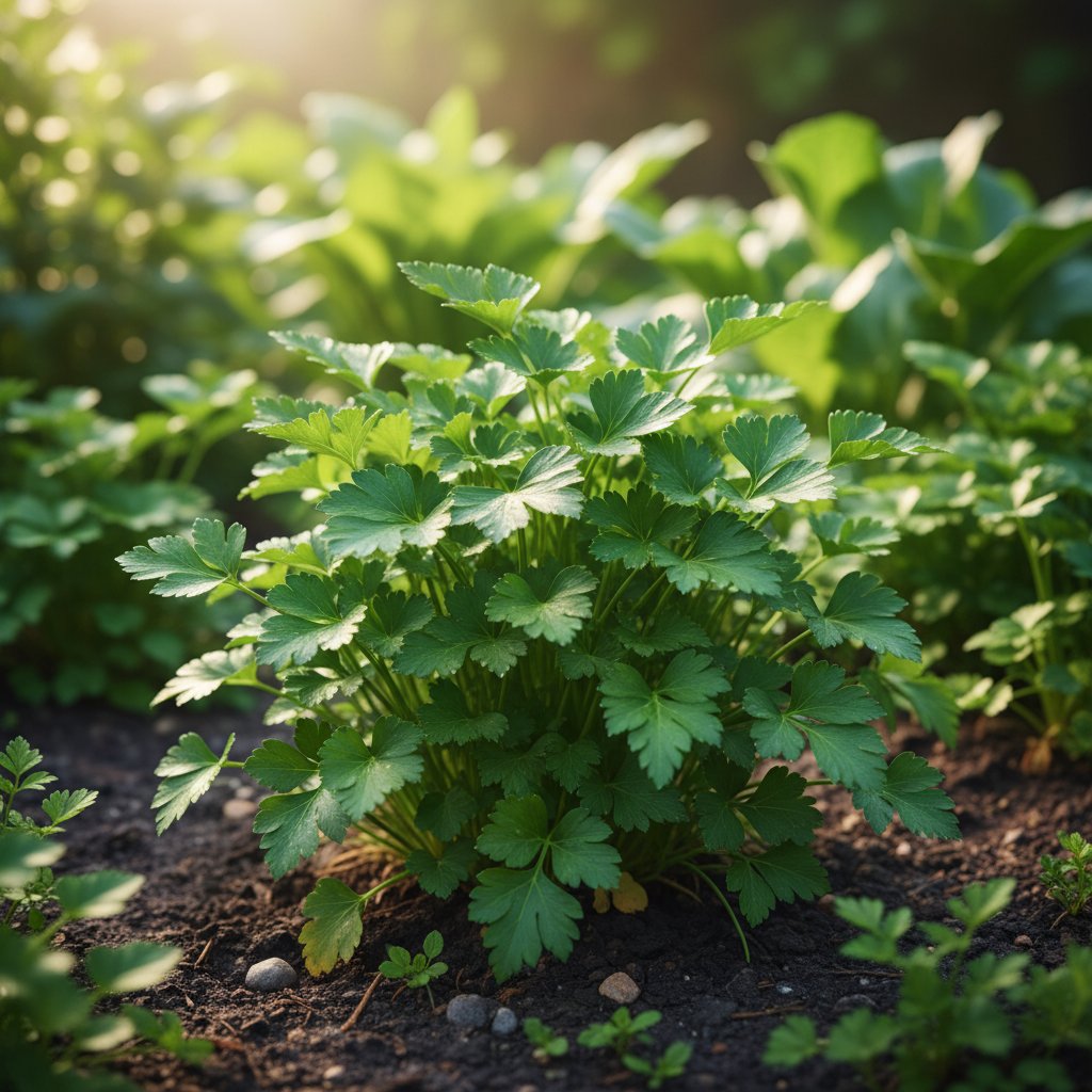 Italian flat-leaf parsley plant with broad flat bright green leaves