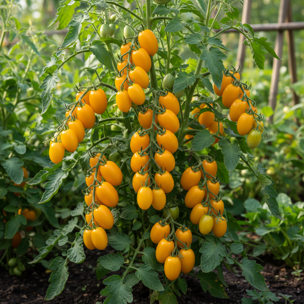 Goldkrone tomato plant with clusters of golden yellow tomatoes