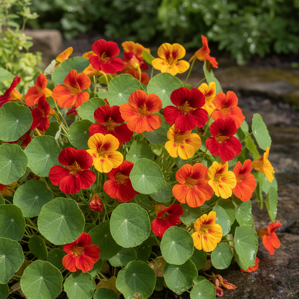 Nasturtium plant with vibrant red, orange, and yellow flowers and round green leaves