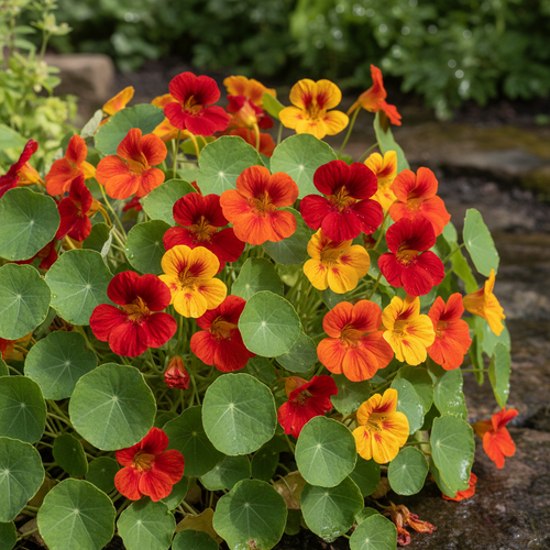 Nasturtium plant with vibrant red, orange, and yellow flowers and round green leaves