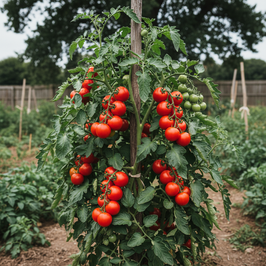 Moneymaker tomato plant with clusters of round red tomatoes