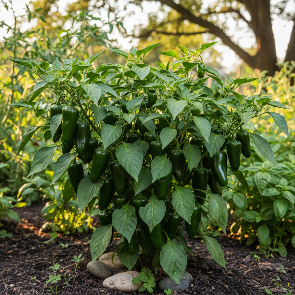 Jalapeño pepper plant with clusters of dark green jalapeño peppers