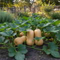 Butternut squash plant with large tan-beige squash fruits on sprawling vines