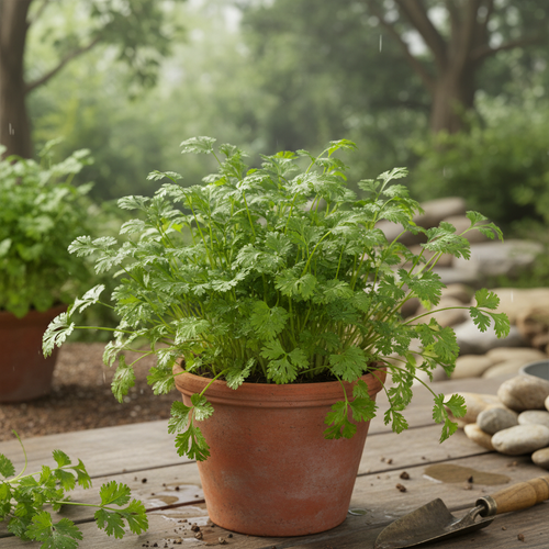 Lush cilantro plant with delicate bright green feathery leaves