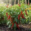 Cayenne pepper plant with long slender red cayenne peppers