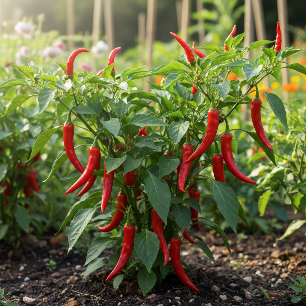 Cayenne pepper plant with long slender red cayenne peppers