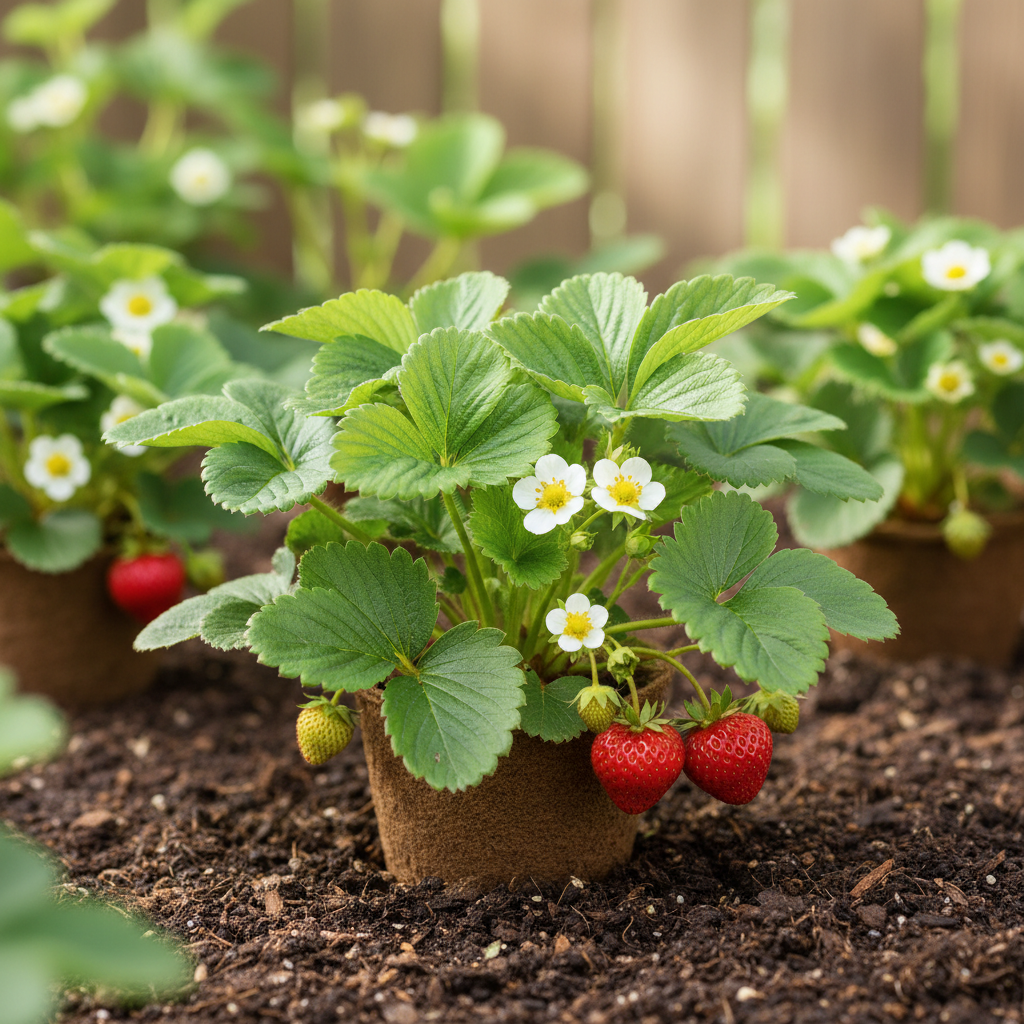 Strawberry transplant plant with bright green leaves, white flowers, and red strawberries