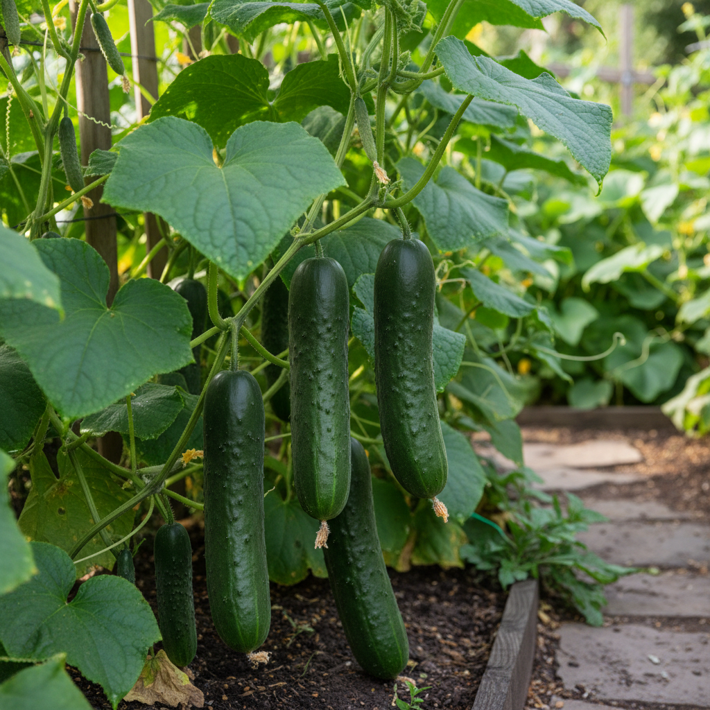 Marketmore cucumber plant with long dark green cucumbers on lush vines